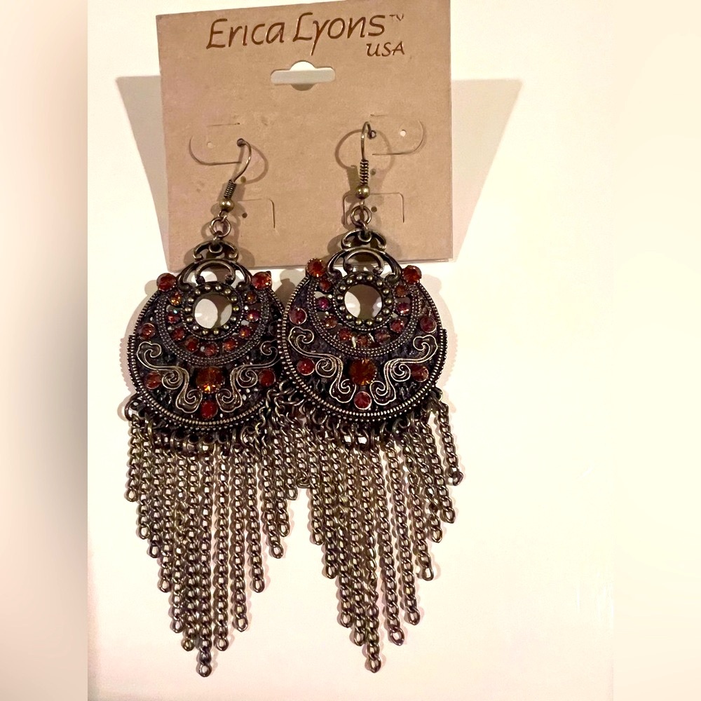 Erica Lyons Elegant Silver and Red Dangle Earrings NWOT, original packaging